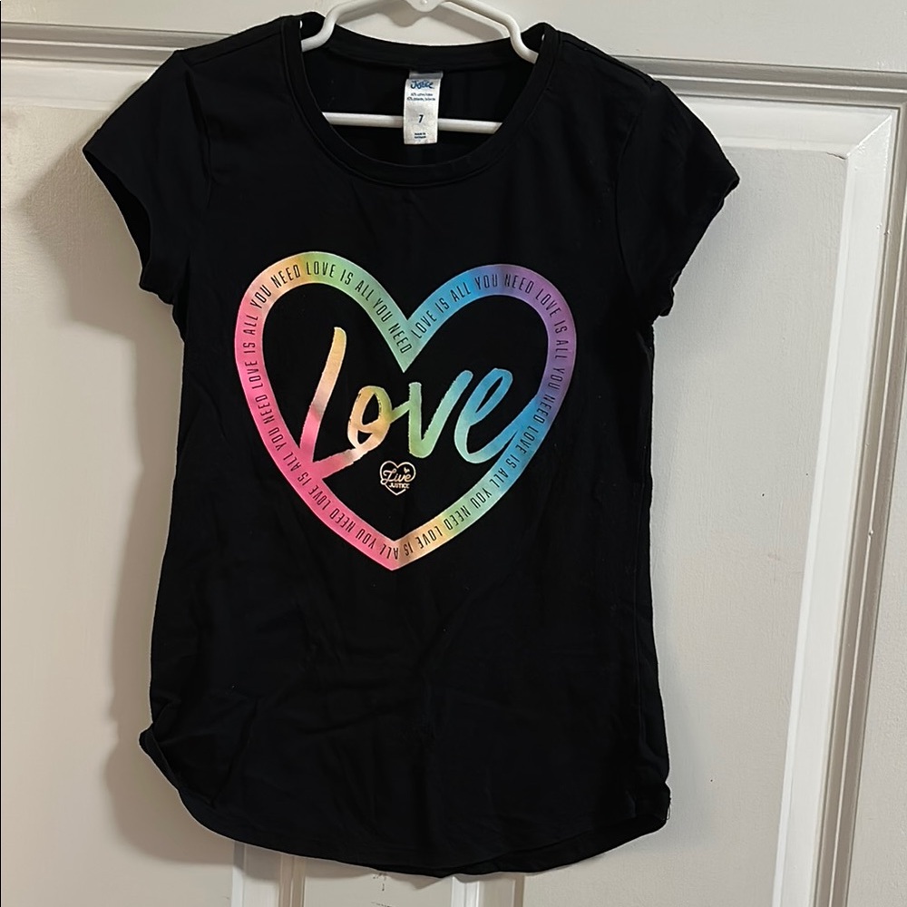 Justice Black Tee with Rainbow Heart and Love Print